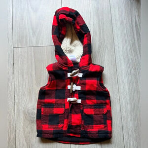 CARTER'S Buffalo Red & Black Plaid Check Vest Sherpa Hood Lining Pockets 6M